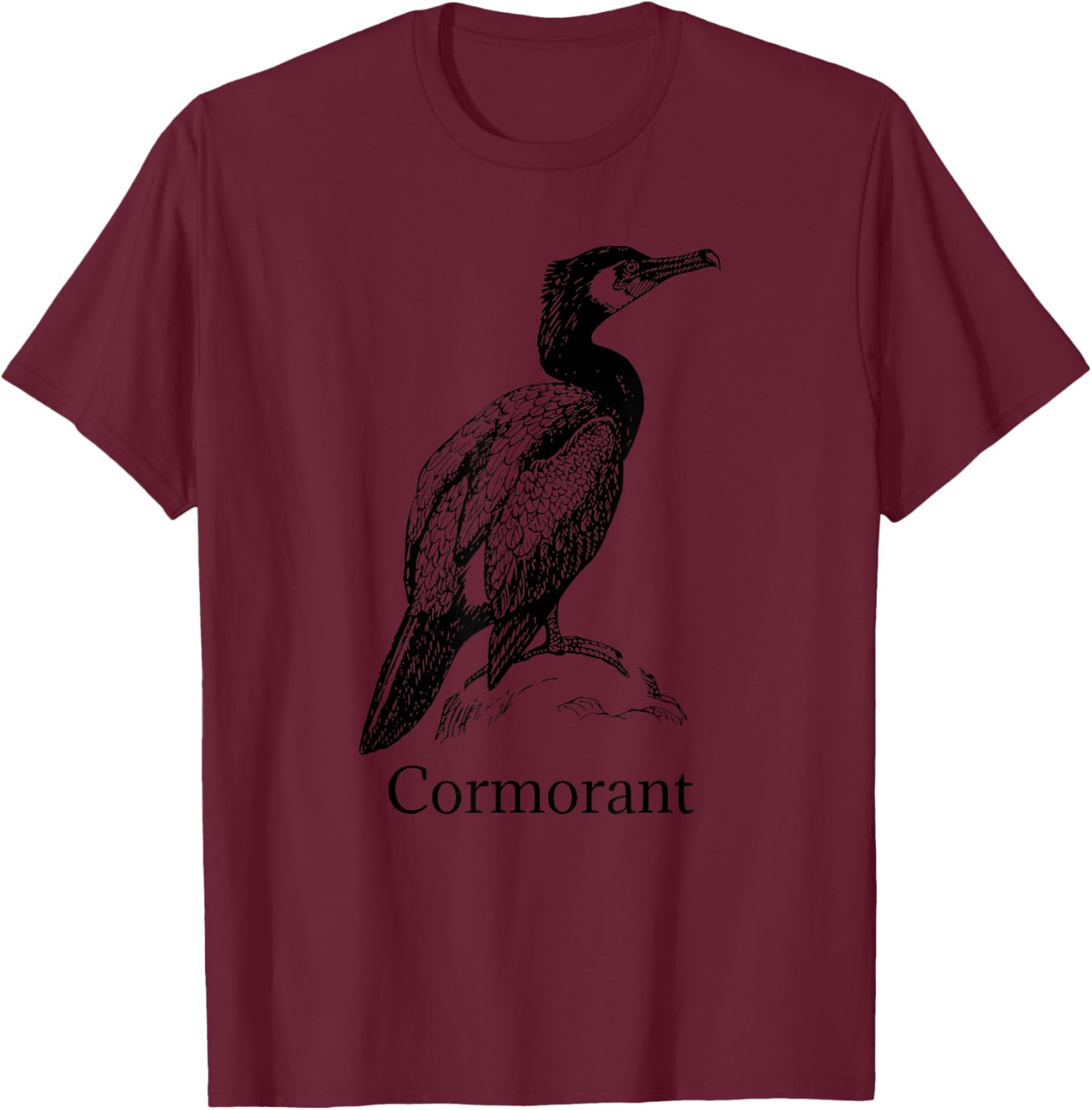 Cormorant Bird Ornithology Black Line Drawing T-Shirt - T-Shirt | Maroon