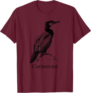 Cormorant Bird Ornithology Black Line Drawing T-Shirt - T-Shirt | Maroon