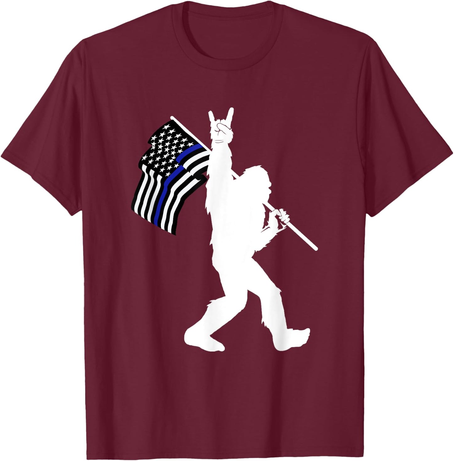 Funny Bigfoot Rock and Roll Thin Blue Line Flag for Police T-Shirt - T-Shirt | Maroon