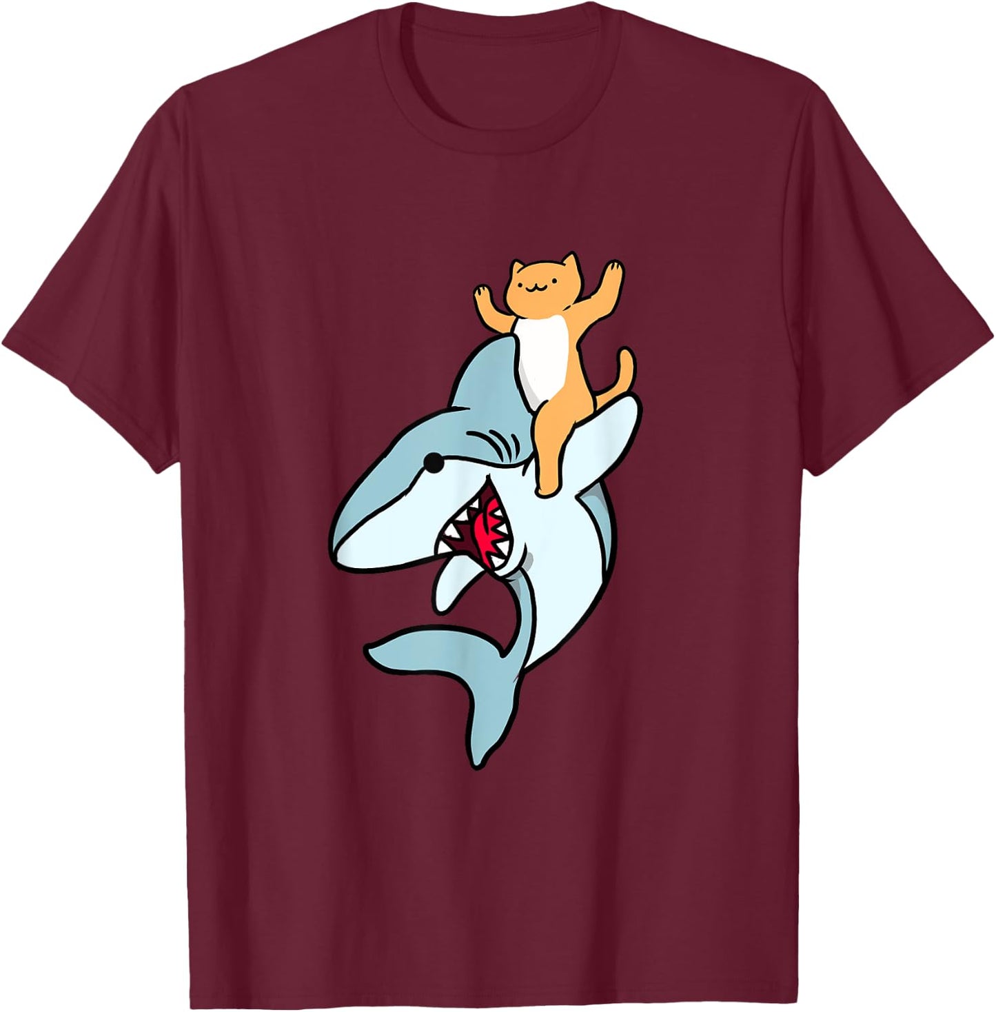 Cat Riding Shark Men Women Kids T-Shirt - T-Shirt | Maroon