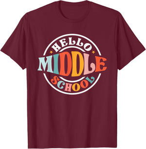 Hello Middle School Groovy First Day of Middle School T-Shirt - T-Shirt | Maroon