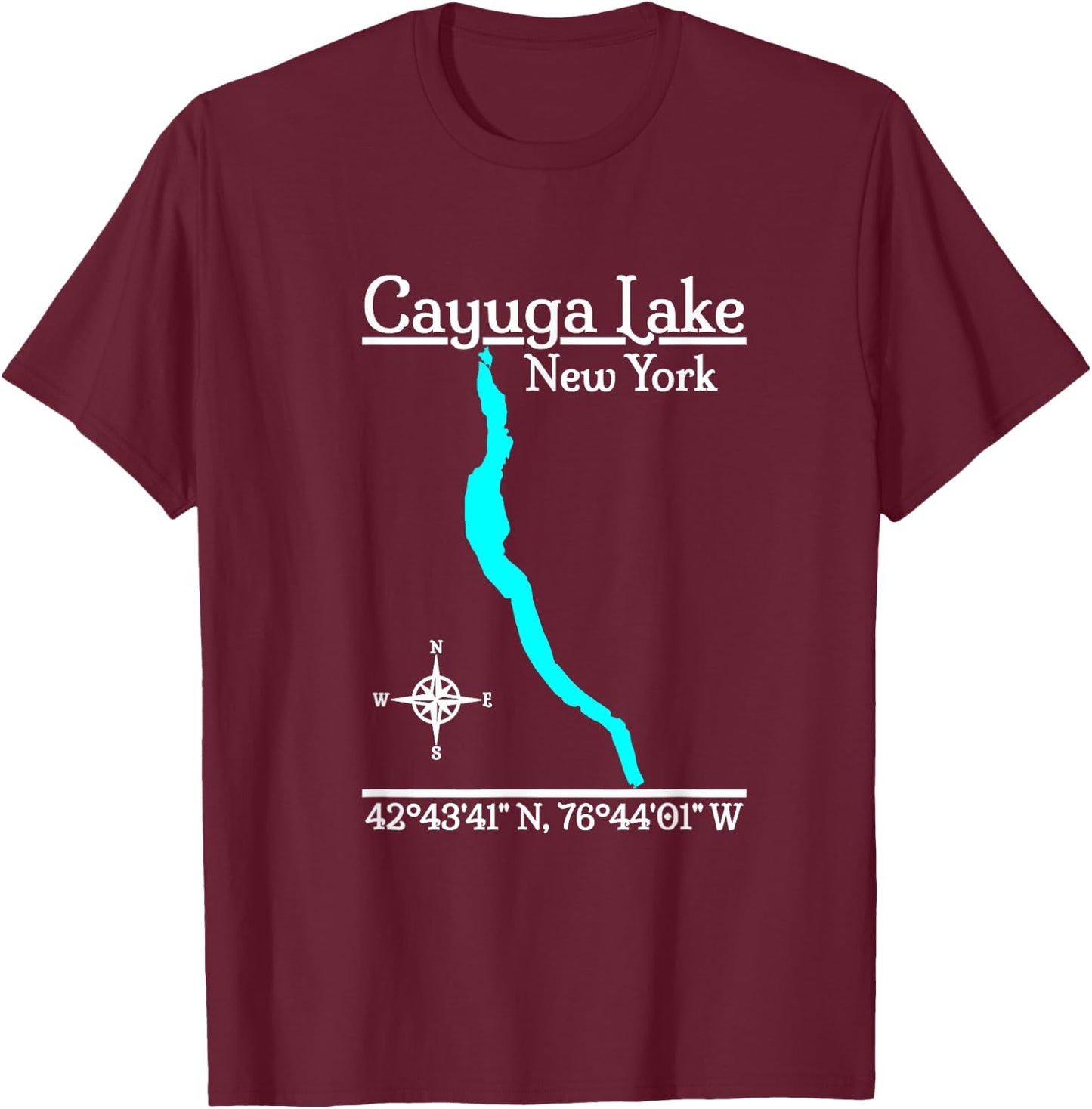 Designed by GeoGearCo Cayuga Lake - New York - -Adults - Black - Small - Short Sleeve - Modern - Nature - Camping - All Seasons T-Shirt - T-Shirt | Maroon