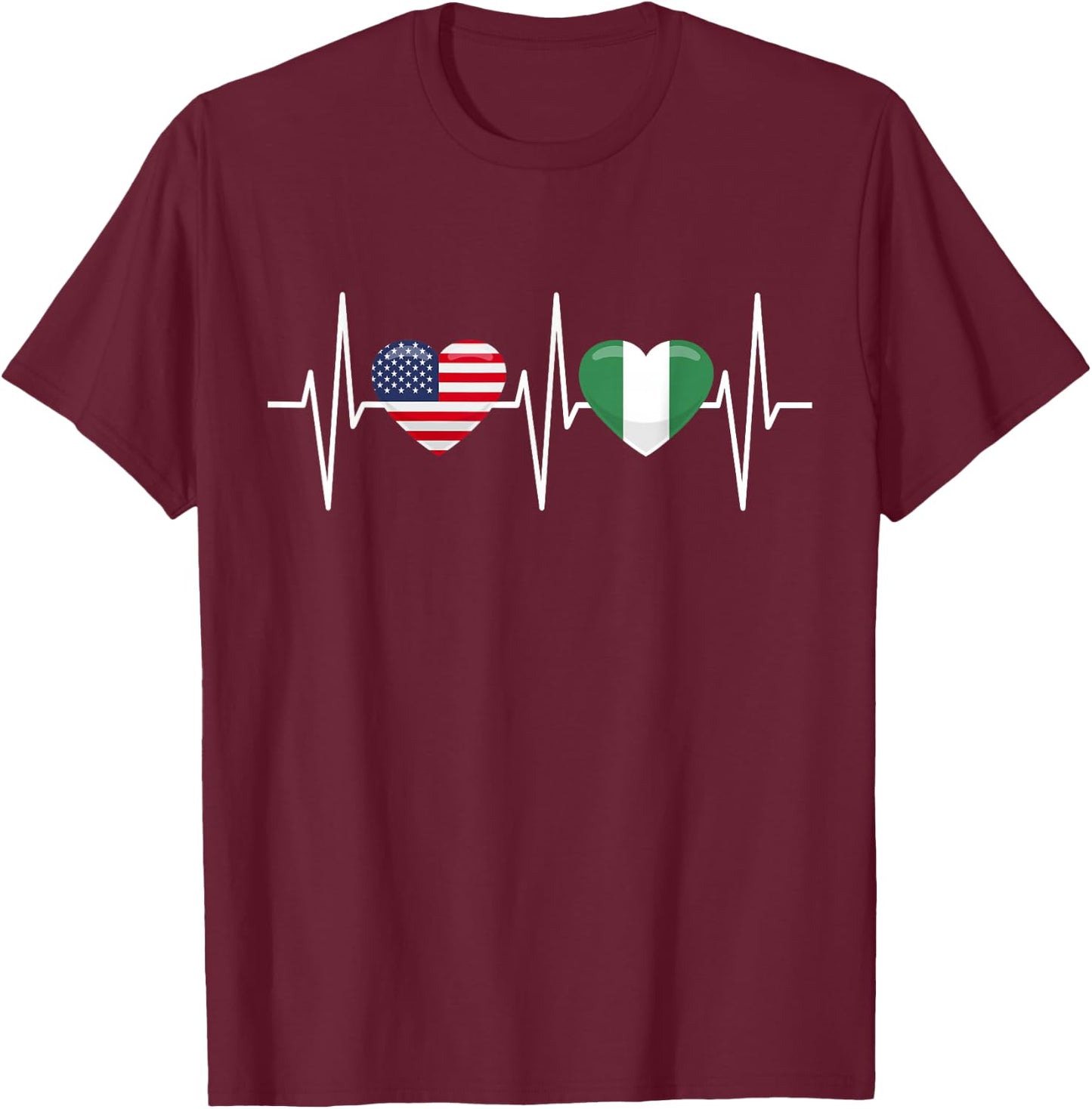 USA Nigeria Shirt Heartbeat America Nigerian Flag Heart T-Shirt - T-Shirt | Maroon