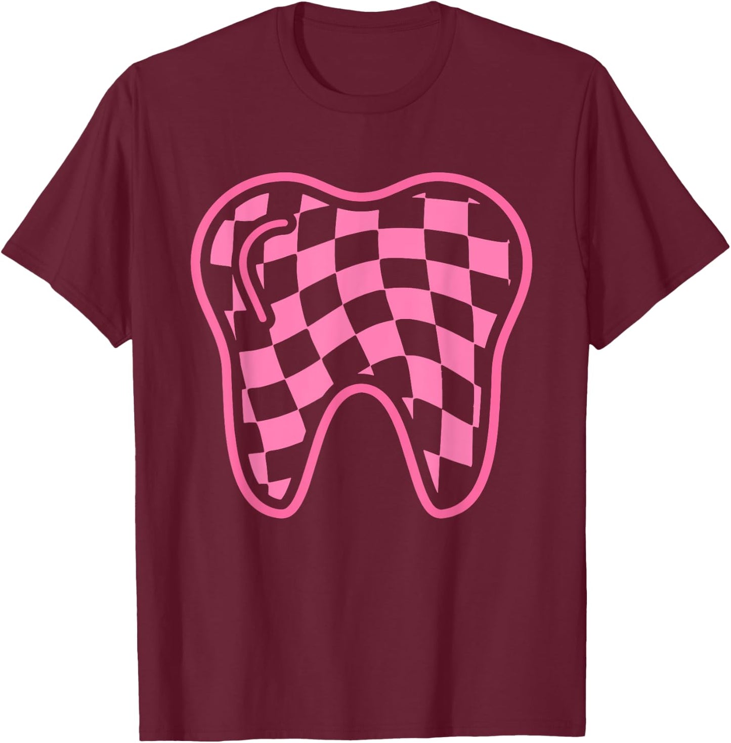 Checkerboard Tooth Dental Hygienist Squad Groovy Dentist T-Shirt - T-Shirt | Maroon