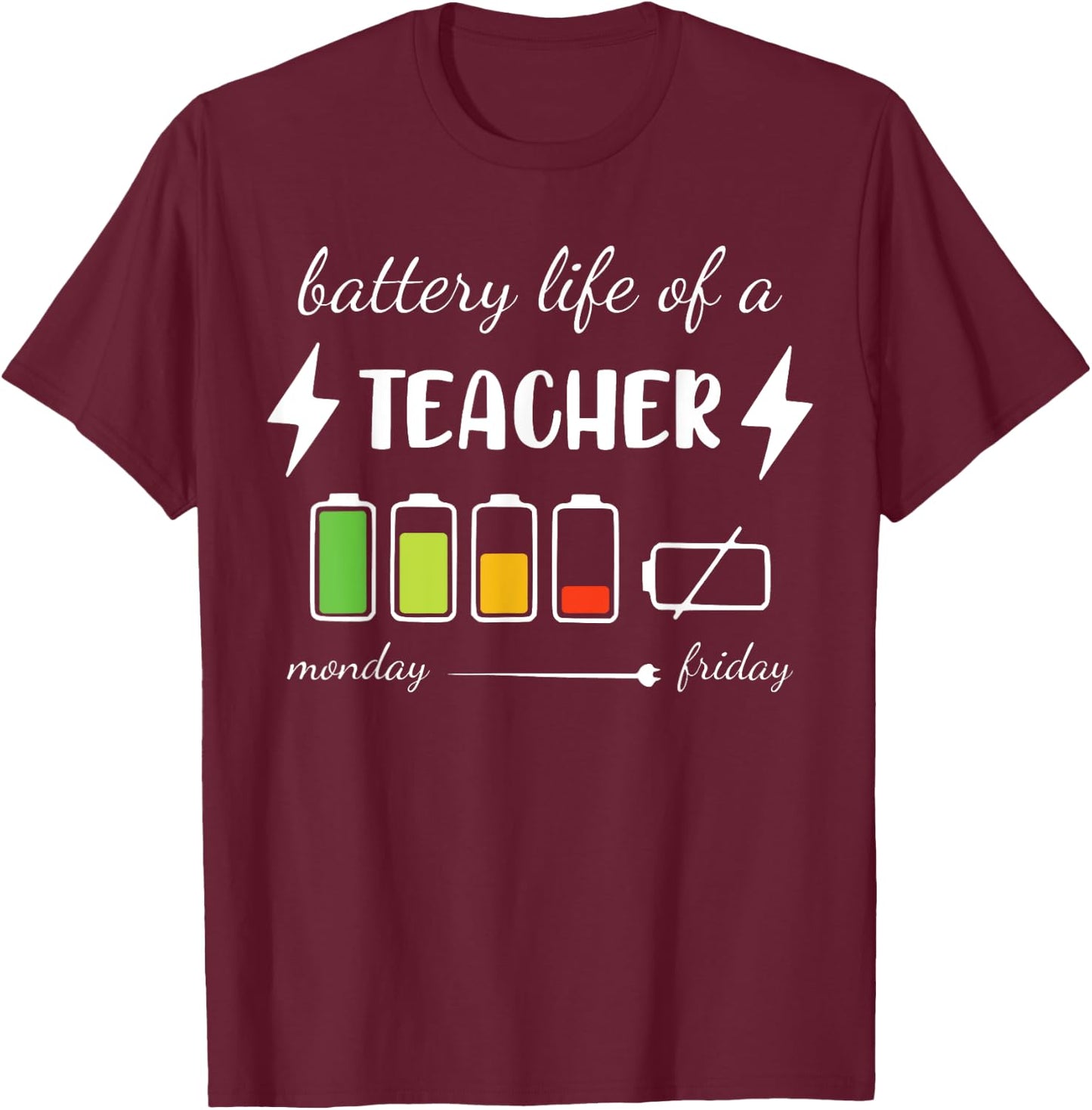 Battery Life Of A Teacher Monday Friday Teacher Women T-Shirt - T-Shirt | Maroon