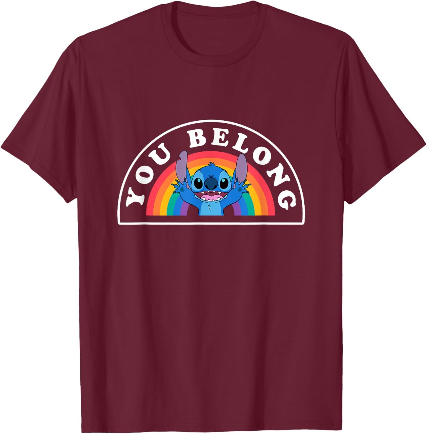 Disney Lilo & Stitch You Belong Happy Rainbow Logo T-Shirt - T-Shirt | Maroon