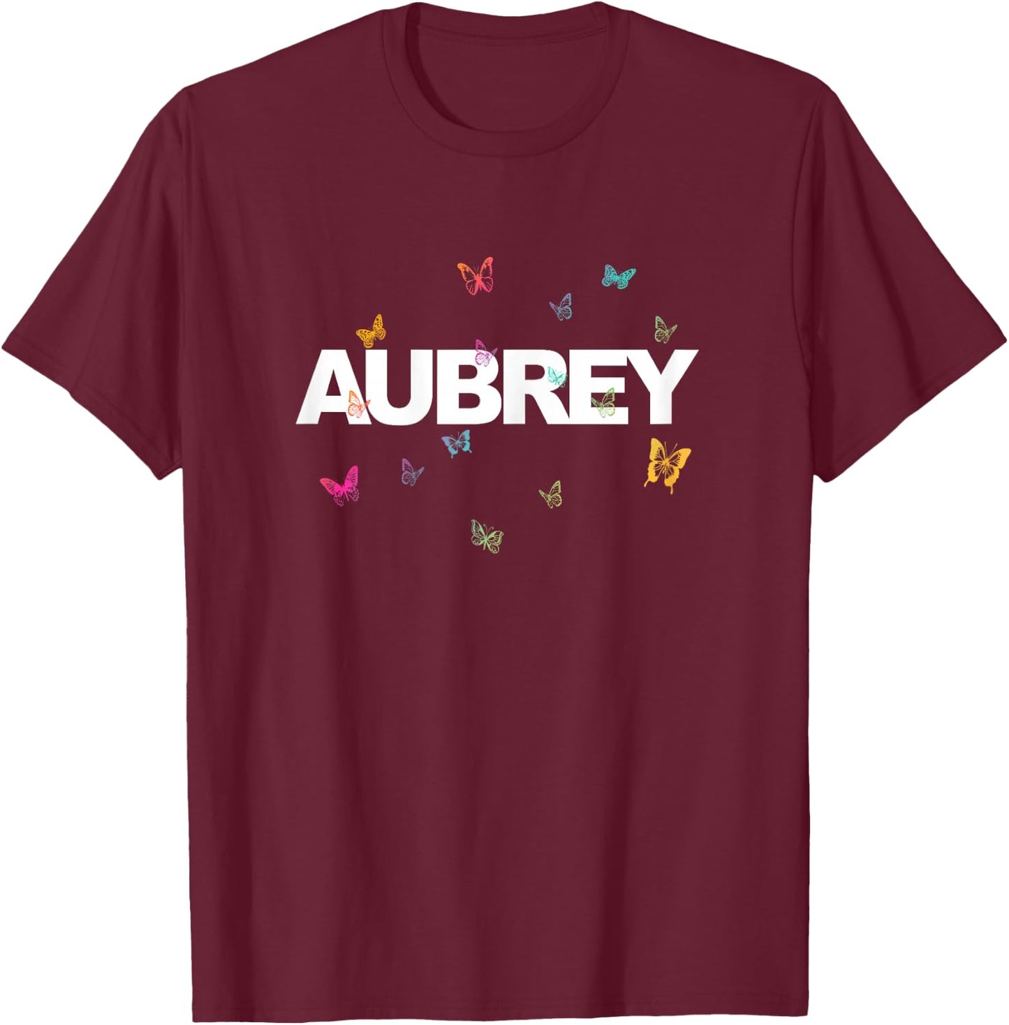 Aubrey - Beautiful Name with colorful Butterflies T-Shirt - T-Shirt | Maroon