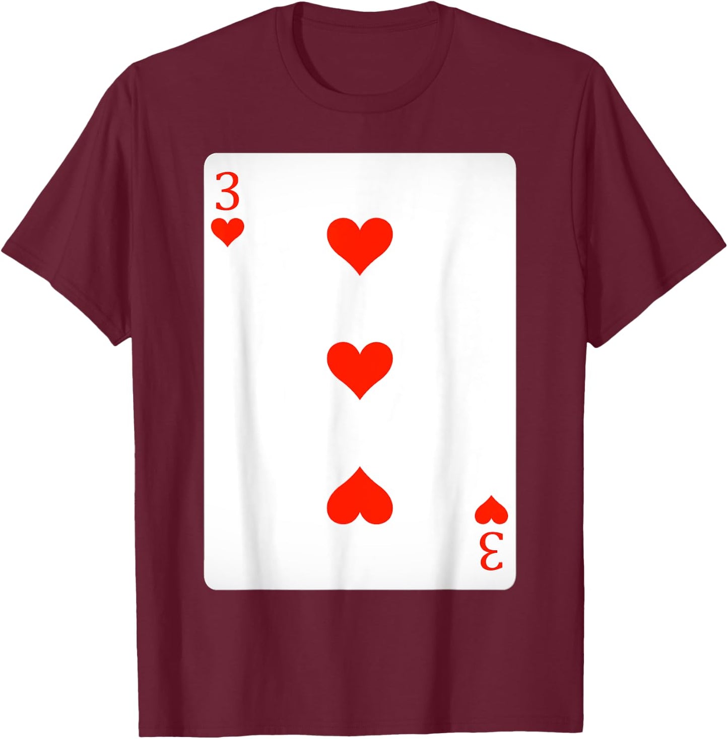 3 Three Of Hearts Playing Cards Shirt Easy Halloween Costume T-Shirt - T-Shirt | Maroon
