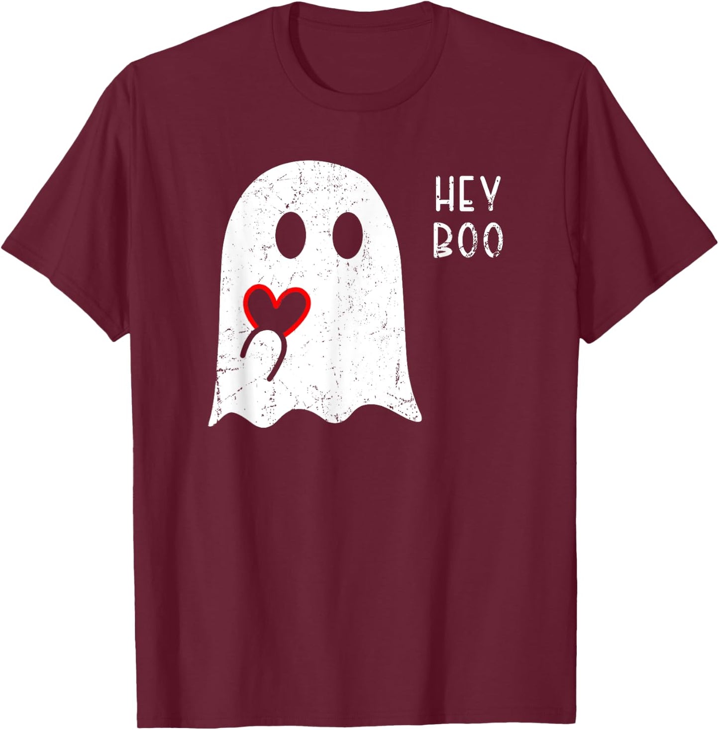 Hey Boo Ghost Heart Hand Sign Cute Halloween Spooky Season T-Shirt - T-Shirt | Maroon
