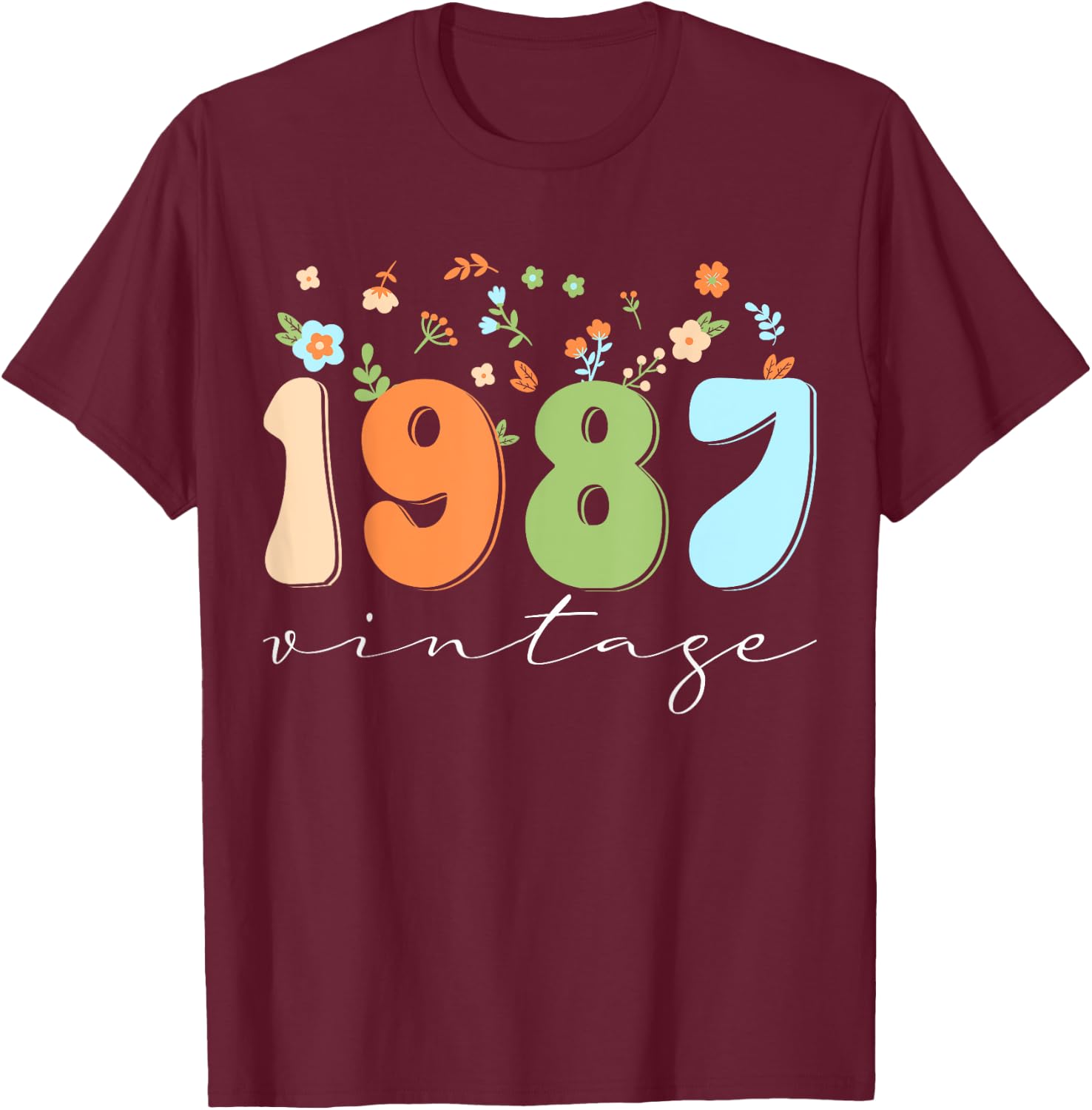 Vintage 1987 Shirt Funny Flower Graphic Retro T-Shirt - T-Shirt | Maroon