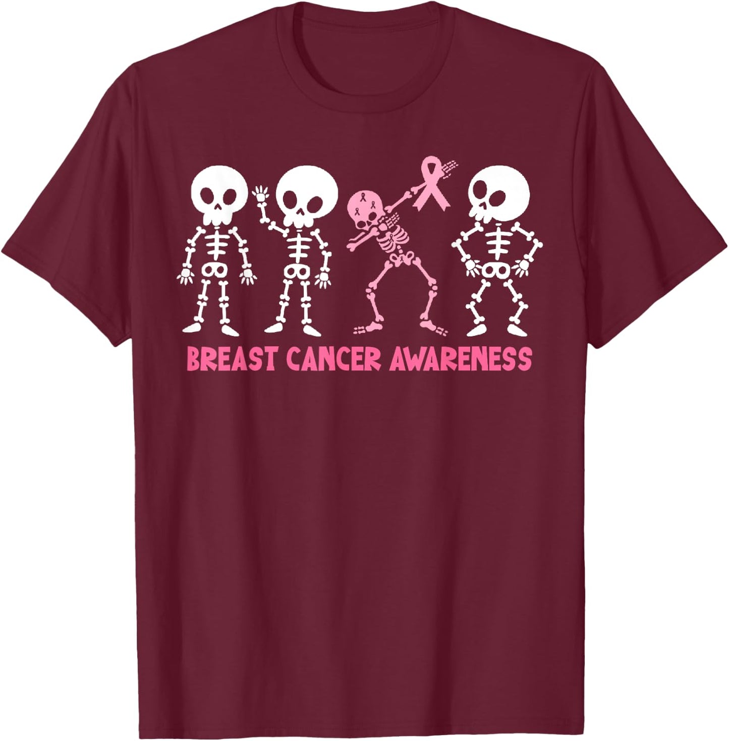 Pink Ribbon Breast Cancer Awareness Skeleton Women Men Kids T-Shirt - T-Shirt | Maroon