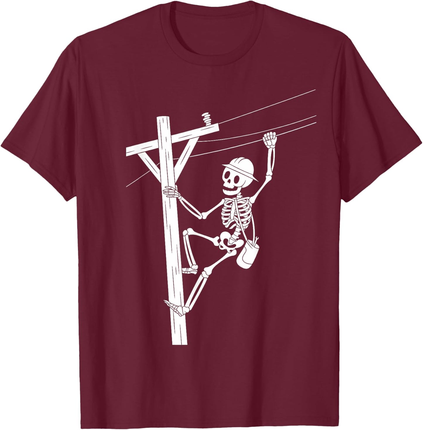 Funny Skeleton Electric Cable Lineman Spooky Halloween T-Shirt - T-Shirt | Maroon