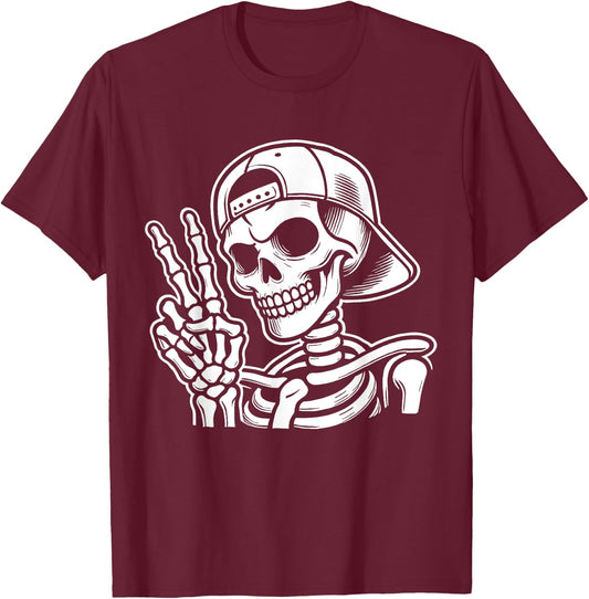 Skeleton Hand Peace Sign Retro Halloween Skeleton Hand Sign T-Shirt - T-Shirt | Maroon