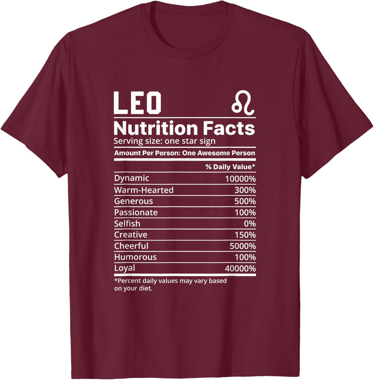 Leo Nutritional Facts Label, Funny Star Sign Nutrition T-Shirt - T-Shirt | Maroon