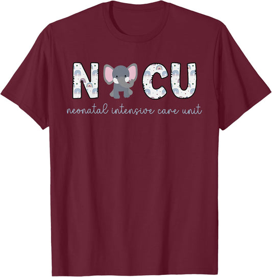 Cute Elephant NICU Nurse Colorful Rainbow Neonatal ICU T-Shirt - T-Shirt | Maroon