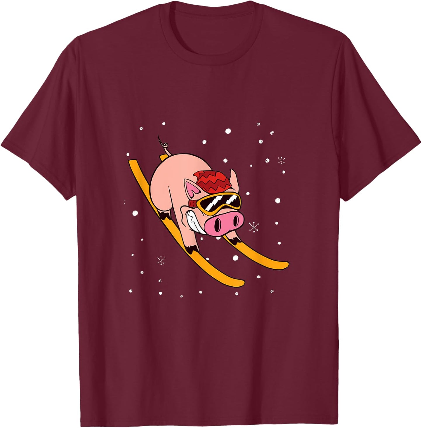 Pig on Skis - Skier Funny Ski Vacation T-Shirt - T-Shirt | Maroon