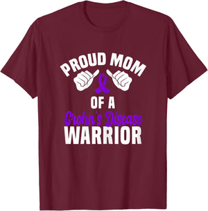 Proud Mom Of A Crohn's Disease Warrior Support Purple Ribbon T-Shirt - T-Shirt | Maroon