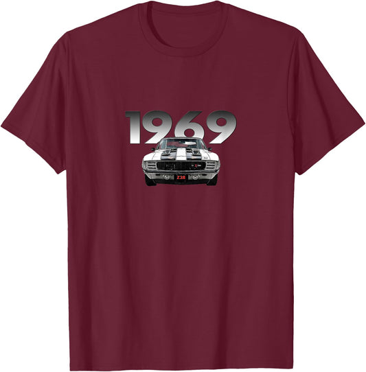 Vintage 1969 Z/28, American Muscle Car, Classic Cars, 302 V8 T-Shirt - T-Shirt | Maroon