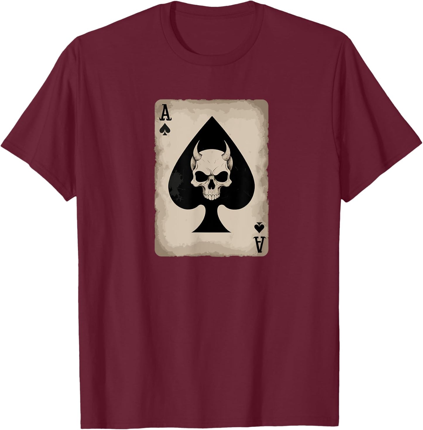 Skull and Devil Horns. Ace of Spades Playing Card. T-Shirt - T-Shirt | Maroon