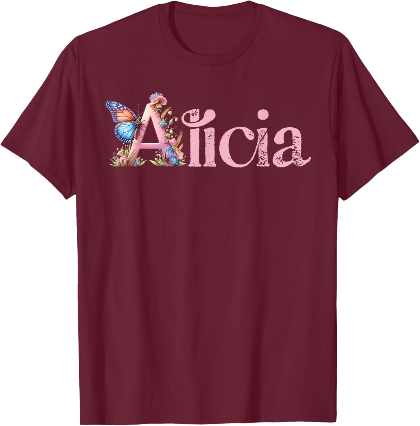 Alicia Initial A Spring Floral And Wings Name T-Shirt - T-Shirt | Maroon