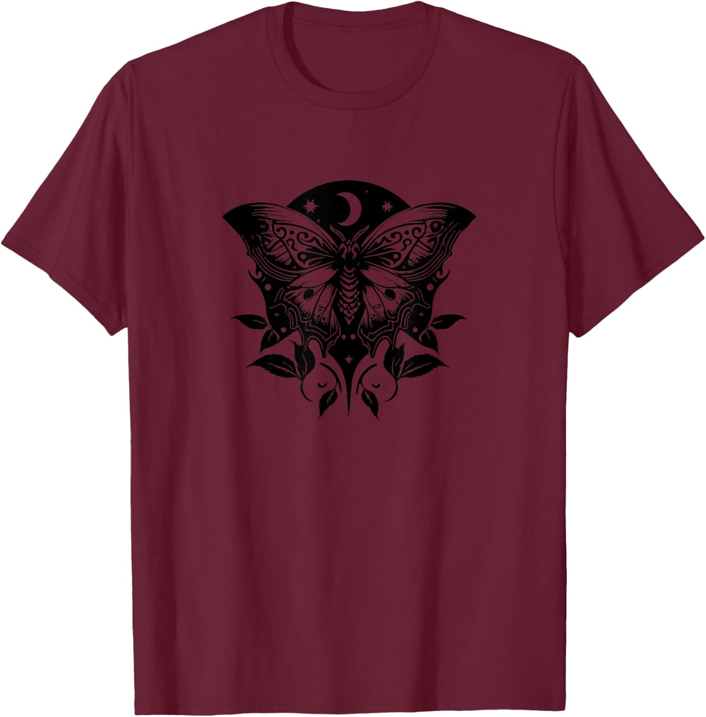 Moth, moon, butterfly, leafs, stars, goth, magic, mystic T-Shirt - T-Shirt | Maroon