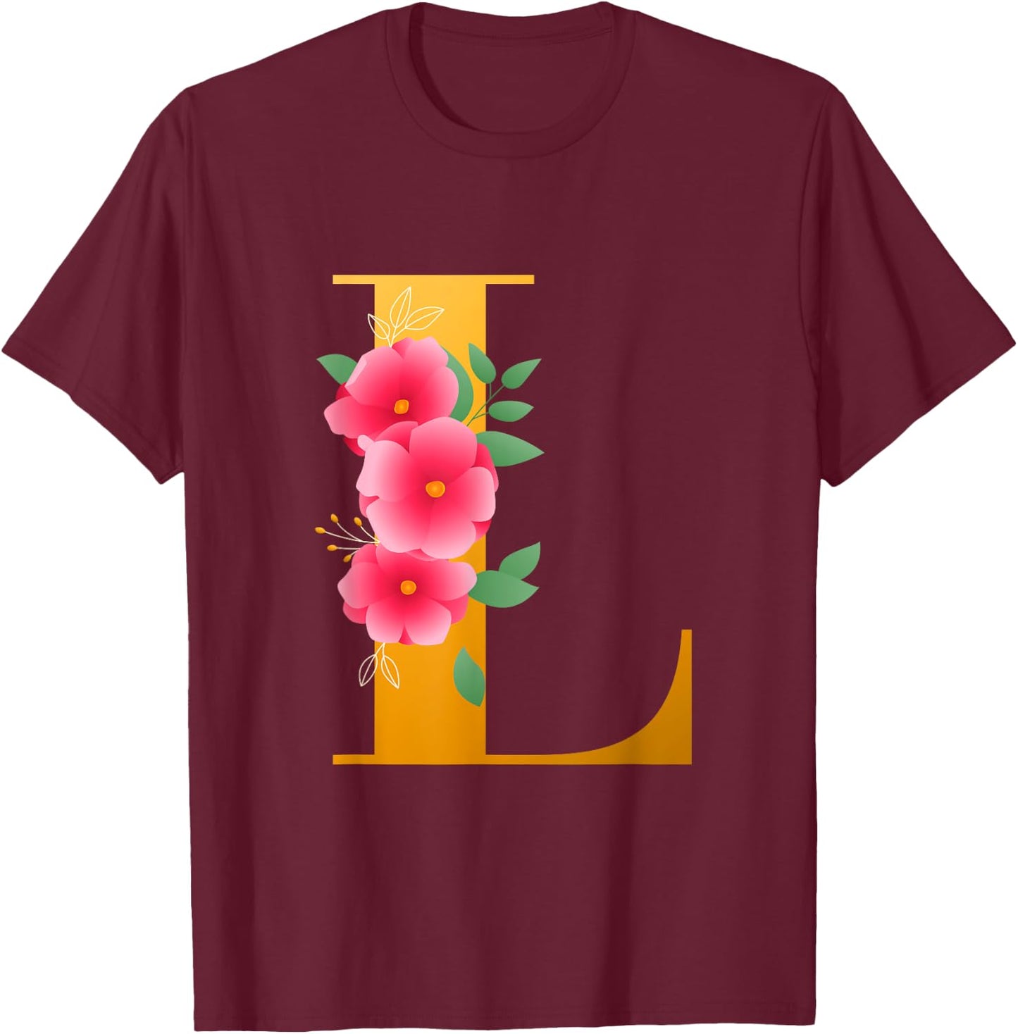 Floral L Alphabet Cute Initial Monogram Letter L Graphic T-Shirt - T-Shirt | Maroon