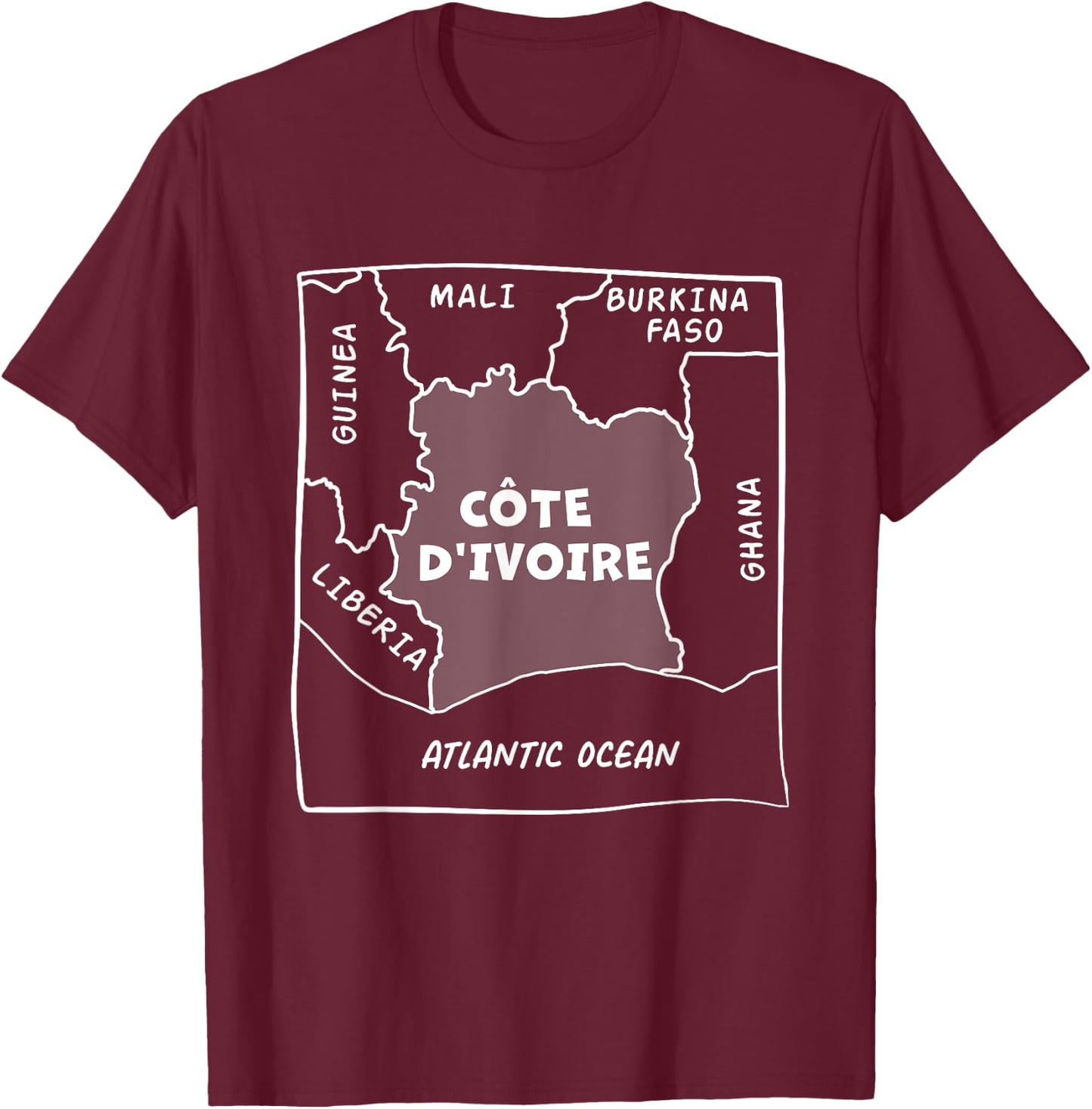 Hand drawn white line political map of Ivory Coast T-Shirt - T-Shirt | Maroon