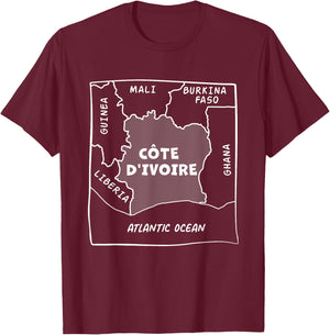 Hand drawn white line political map of Ivory Coast T-Shirt - T-Shirt | Maroon