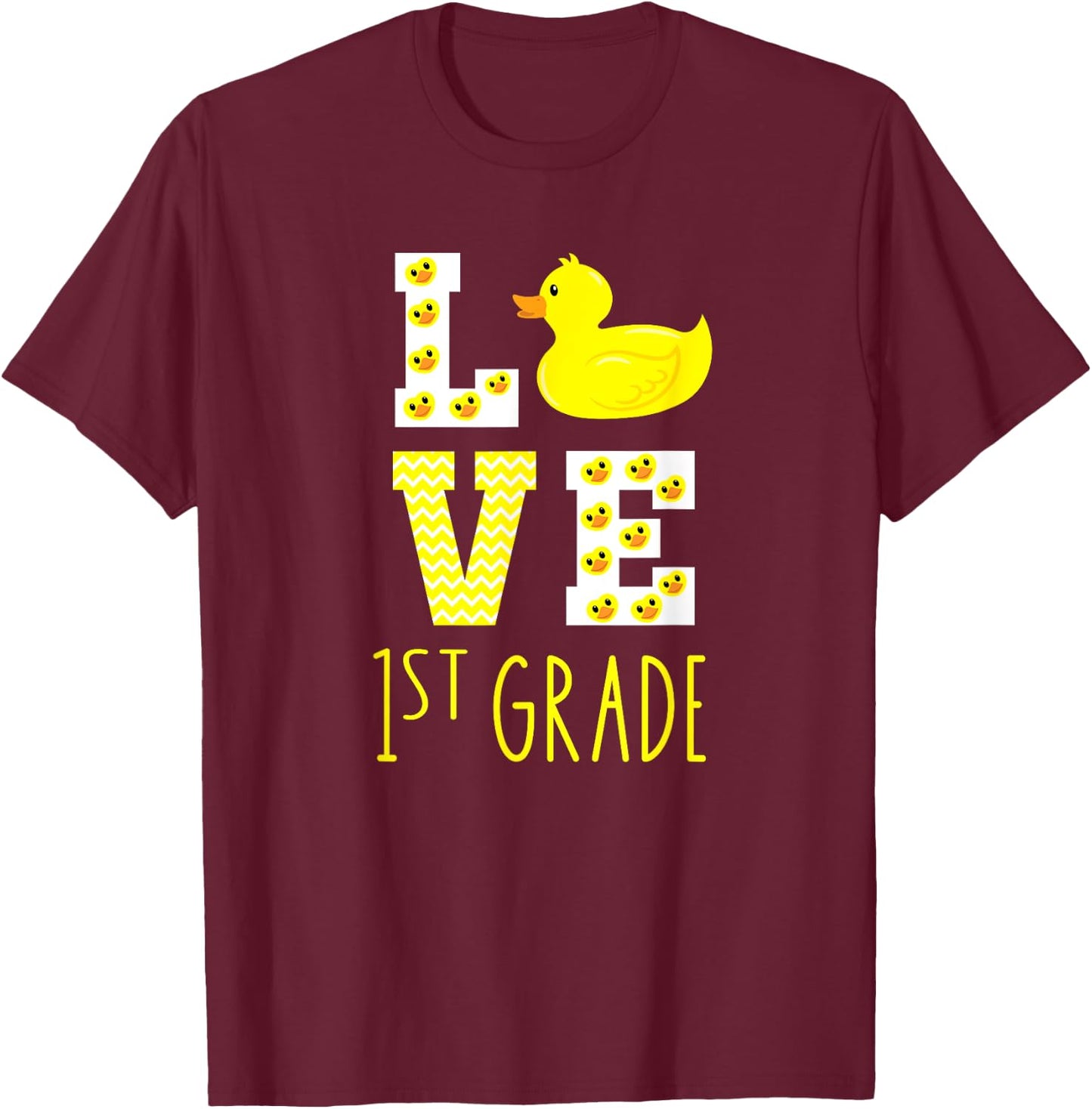 Love 1st Grade Back To School Yellow Duck 1st Grade Teacher T-Shirt - T-Shirt | Maroon