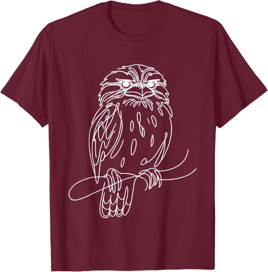 Line Art Bird & Ornithologist Tawny Frogmouth T-Shirt - T-Shirt | Maroon