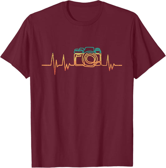 Photographer Heartbeat Retro Camera Photography Cameraman T-Shirt - T-Shirt | Maroon
