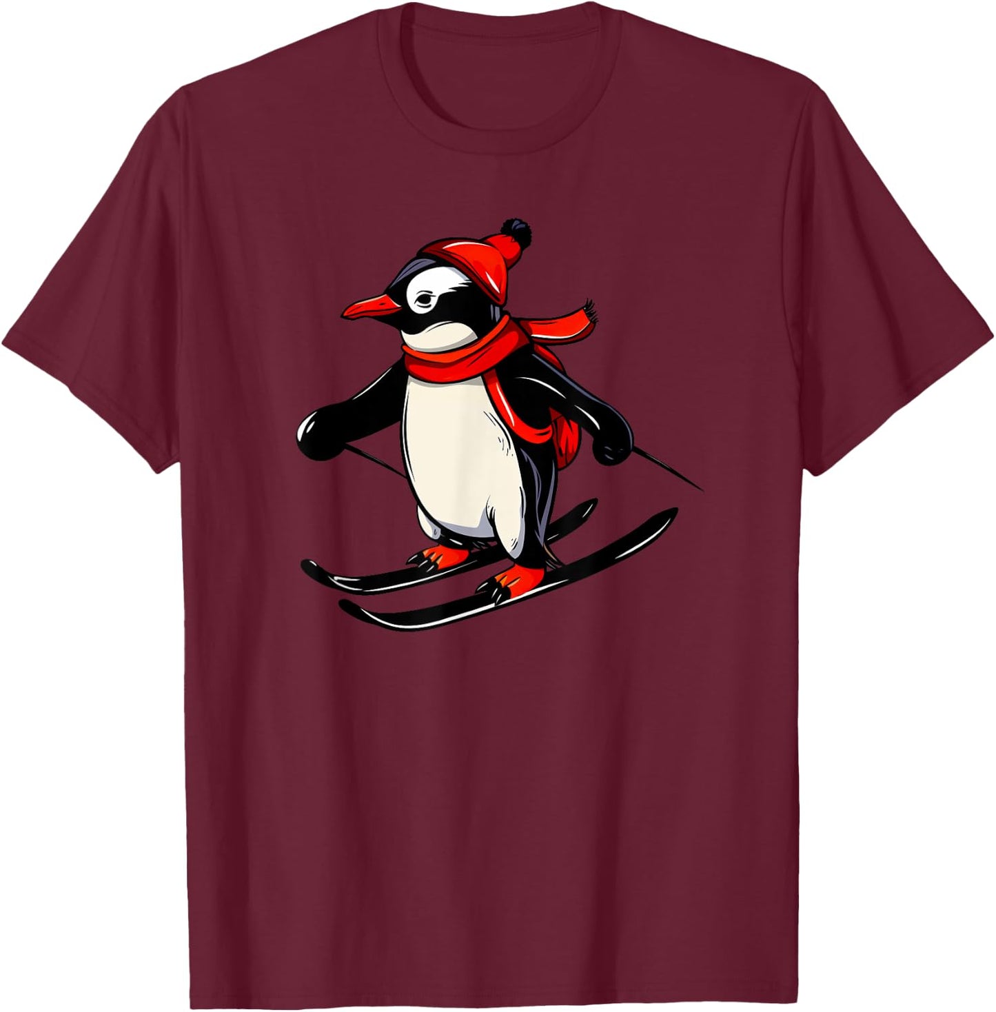 Cute Penguin Skiing - Skiing Penguin T-Shirt - T-Shirt | Maroon