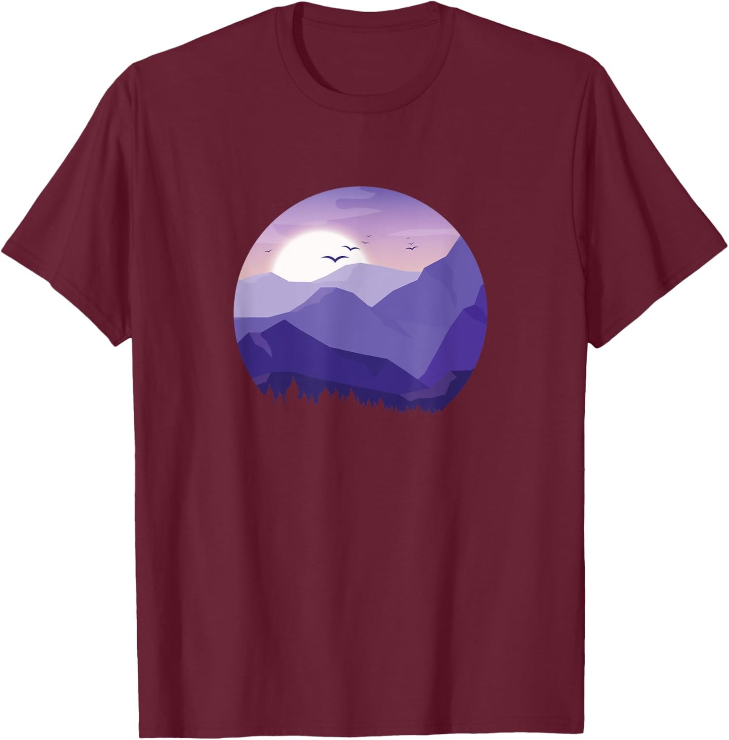 Sunrise Birds Forest Scene Mountain Silhouette T-Shirt - T-Shirt | Maroon