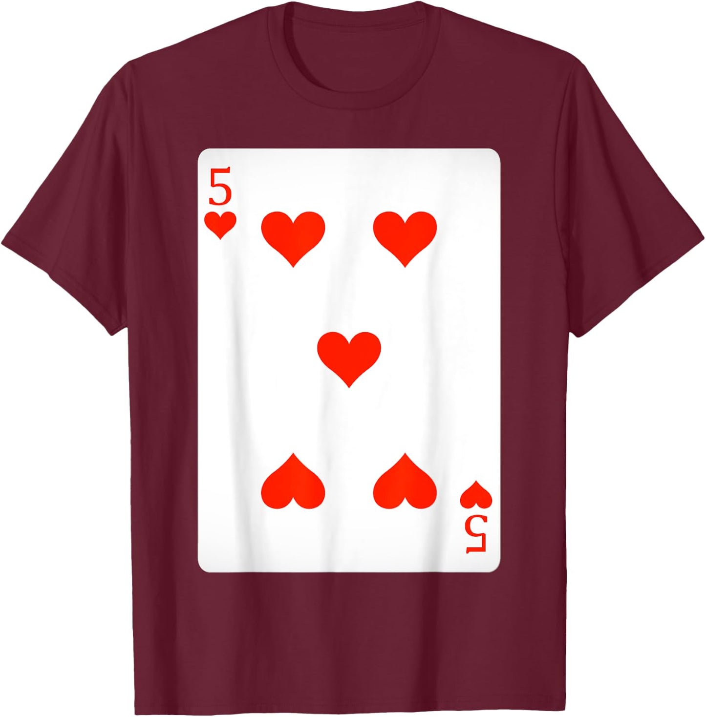 5 Five Of Hearts Playing Cards Shirt Easy Halloween Costume T-Shirt - T-Shirt | Maroon