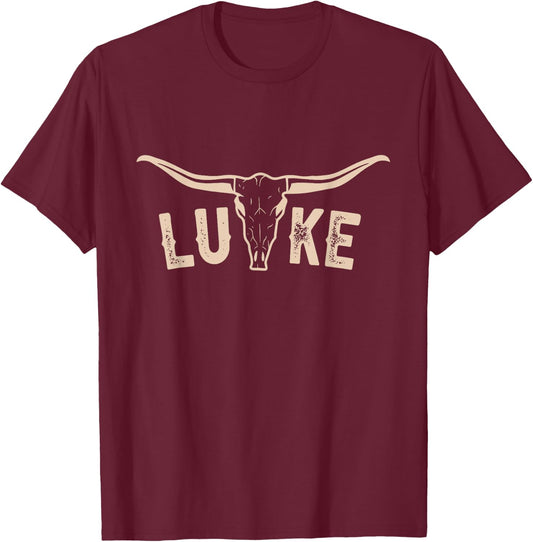 Vintage Luke Bull-Skull Western Gift Personalized Name T-Shirt - T-Shirt | Maroon