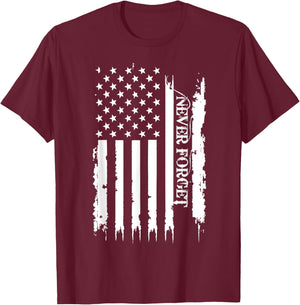 Never Forget United States Distressed w US Flag T-Shirt - T-Shirt | Maroon