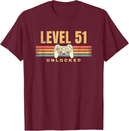 Level 51 Unlocked Funny Video Gamer 51st Birthday Gaming T-Shirt - T-Shirt | Maroon