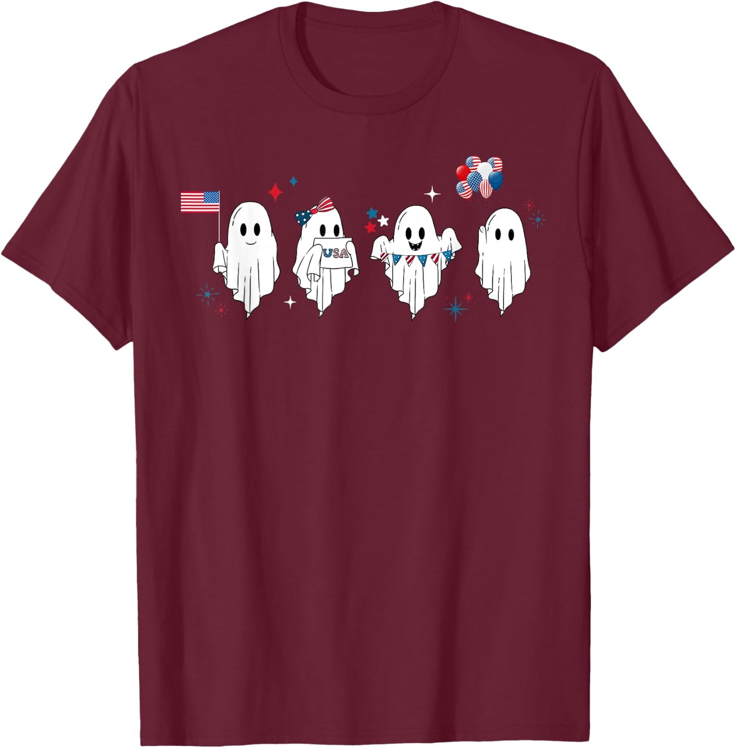 Cute Ghost American Flag Spooky Patriotic 4th Of July T-Shirt - T-Shirt | Maroon