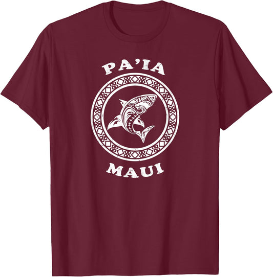 Paia, Maui Vintage Retro Tribal Shark Vacation T-Shirt - T-Shirt | Maroon