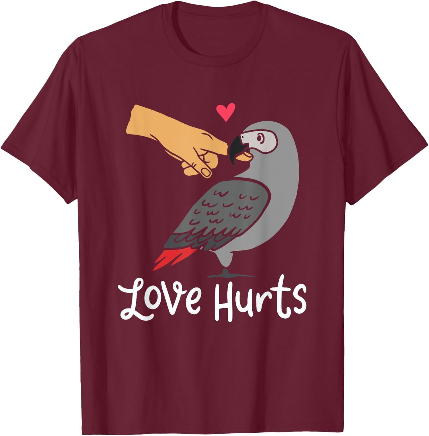 Love Hurts, African Grey Parrot T-Shirt - T-Shirt | Maroon