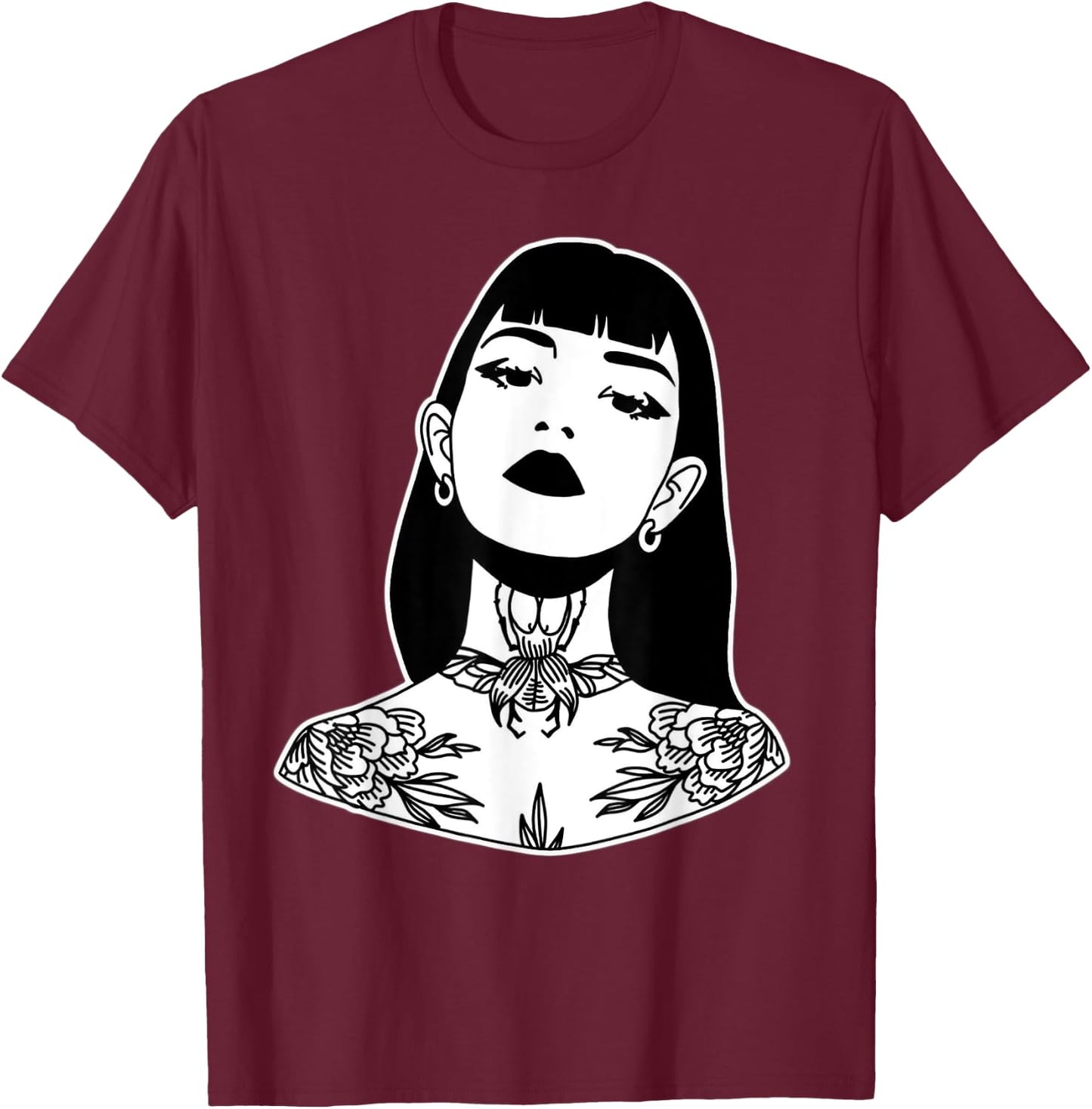 Tattooed Pretty Girl Blackwork T-Shirt - T-Shirt | Maroon