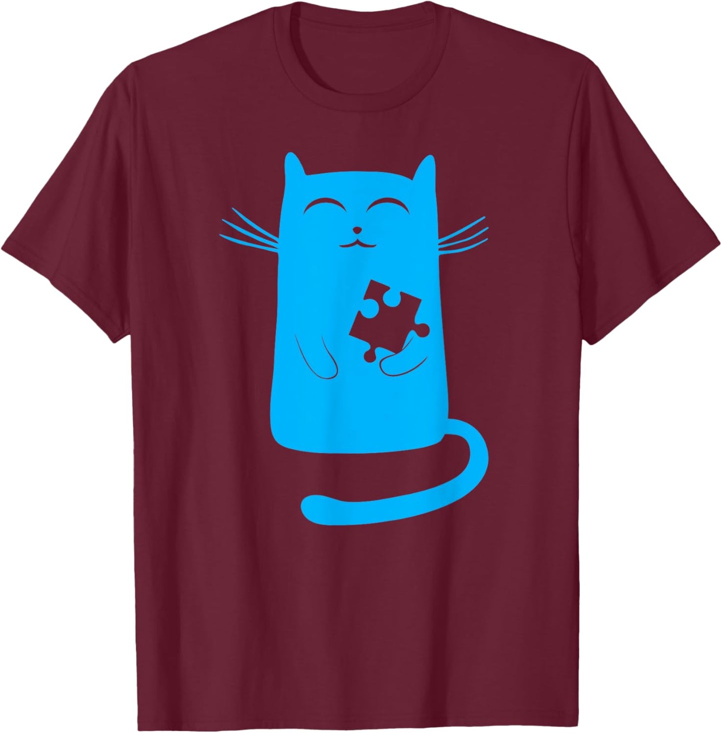 Autism Kitty Cat Illustration Blue Puzzle Piece T-Shirt - T-Shirt | Maroon
