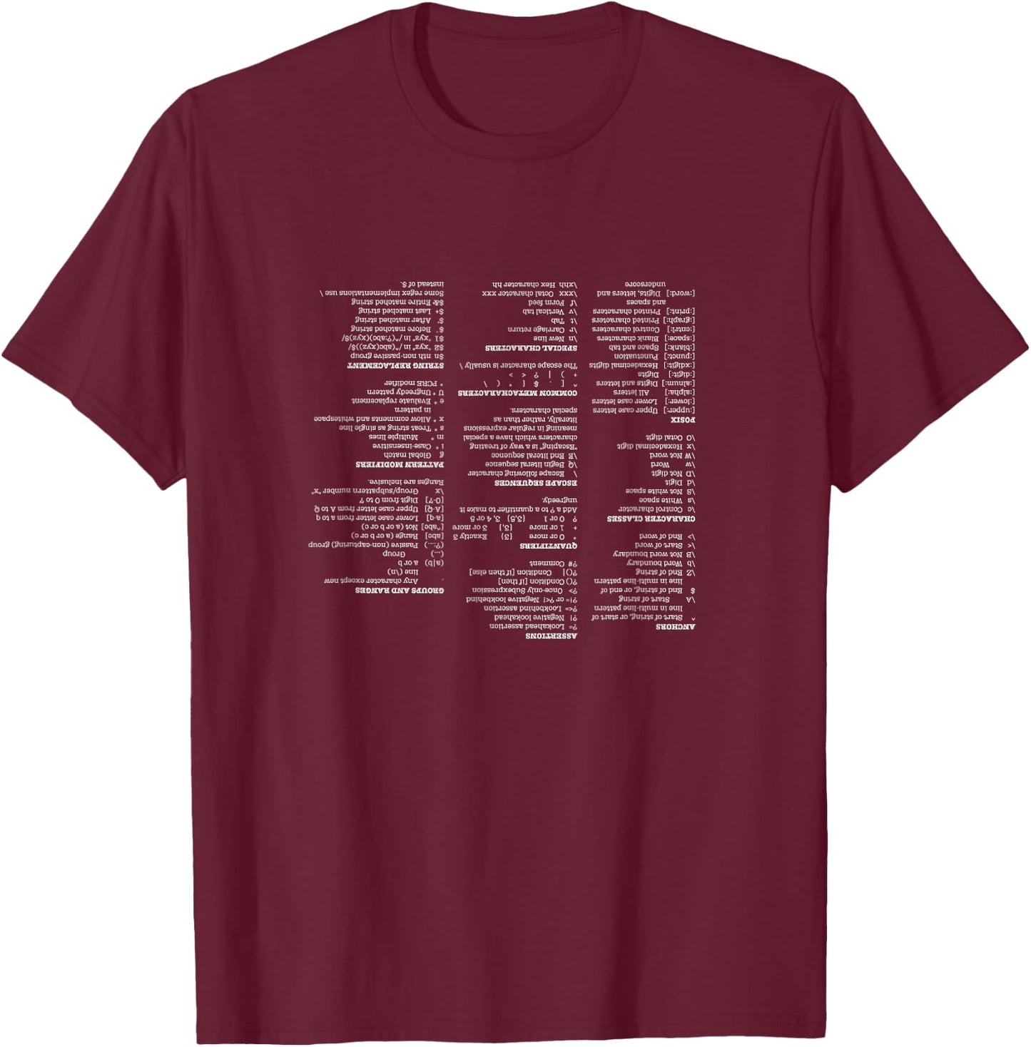 RegEx Cheat Sheet - Linux Geek Humor for Programmer T-Shirt - T-Shirt | Maroon