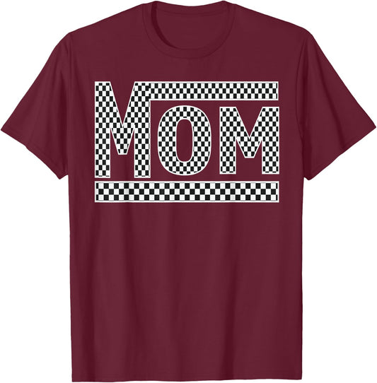 MOM Checkered Mother Mama Women Racing Pit Crew Funny T-Shirt - T-Shirt | Maroon