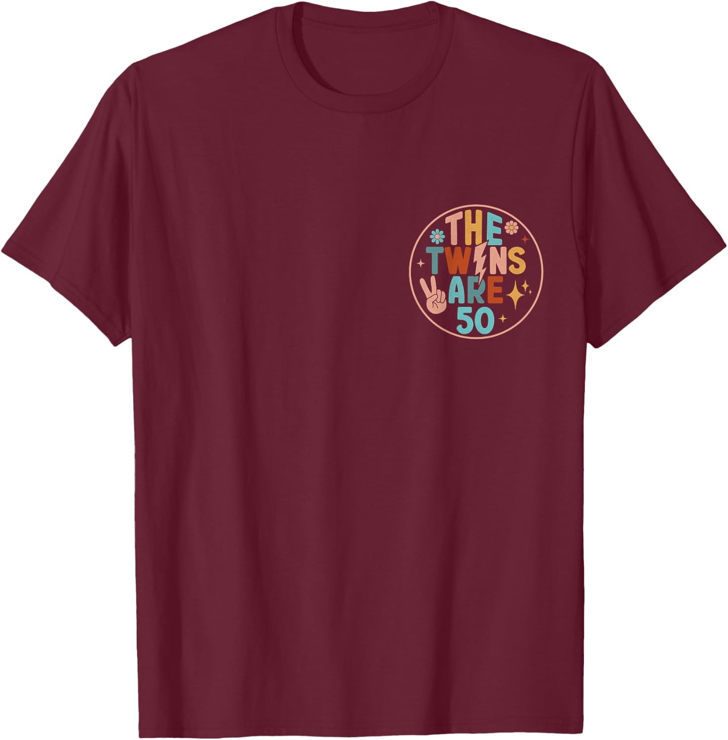 (2 SIDED) Twins 50th Birthday Party Groovy 50 Year Old Twin T-Shirt - T-Shirt | Maroon