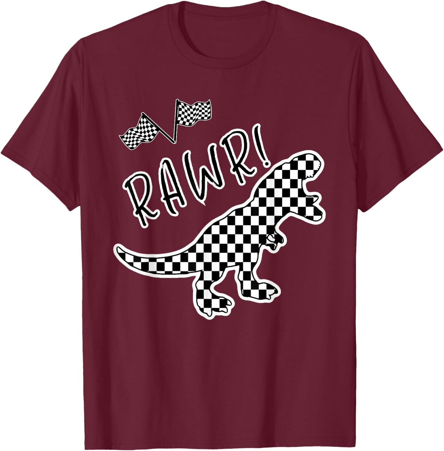 Checkered T-rex Dinosaur Race Car Gamer Boys Girls Toddler T-Shirt - T-Shirt | Maroon