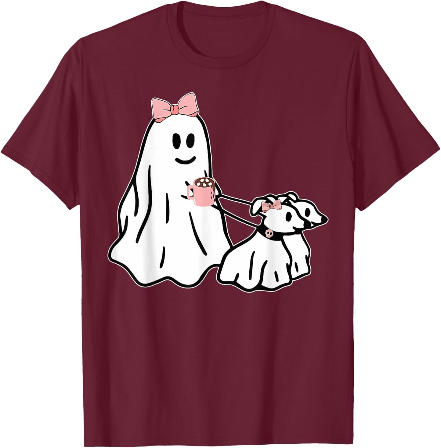 Funny Ghost Walking Dog Spooky Season Halloween Coquette T-Shirt - T-Shirt | Maroon