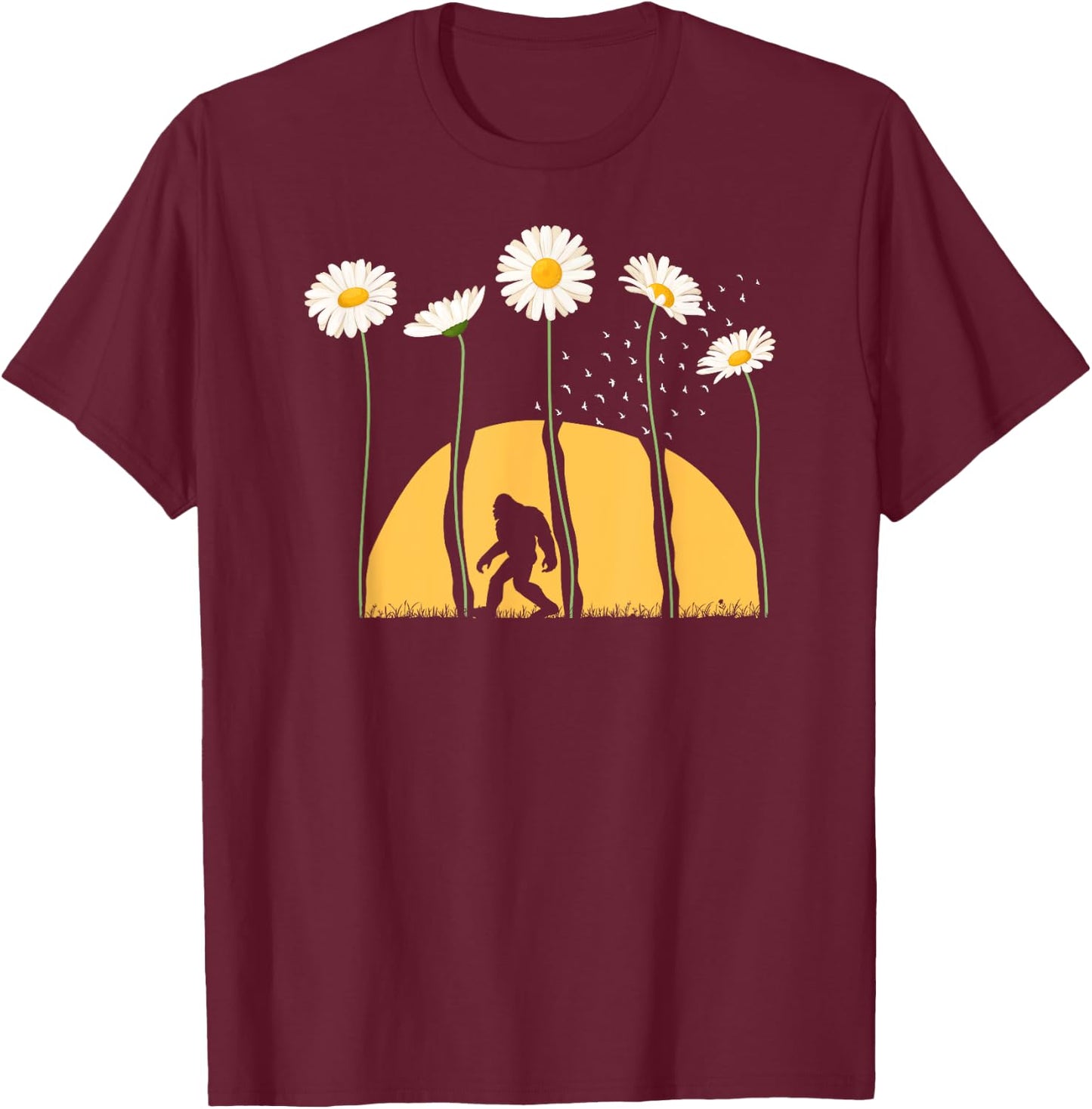 Sasquatch Spring Sunset Towering Daisy Flowers Bigfoot T-Shirt - T-Shirt | Maroon