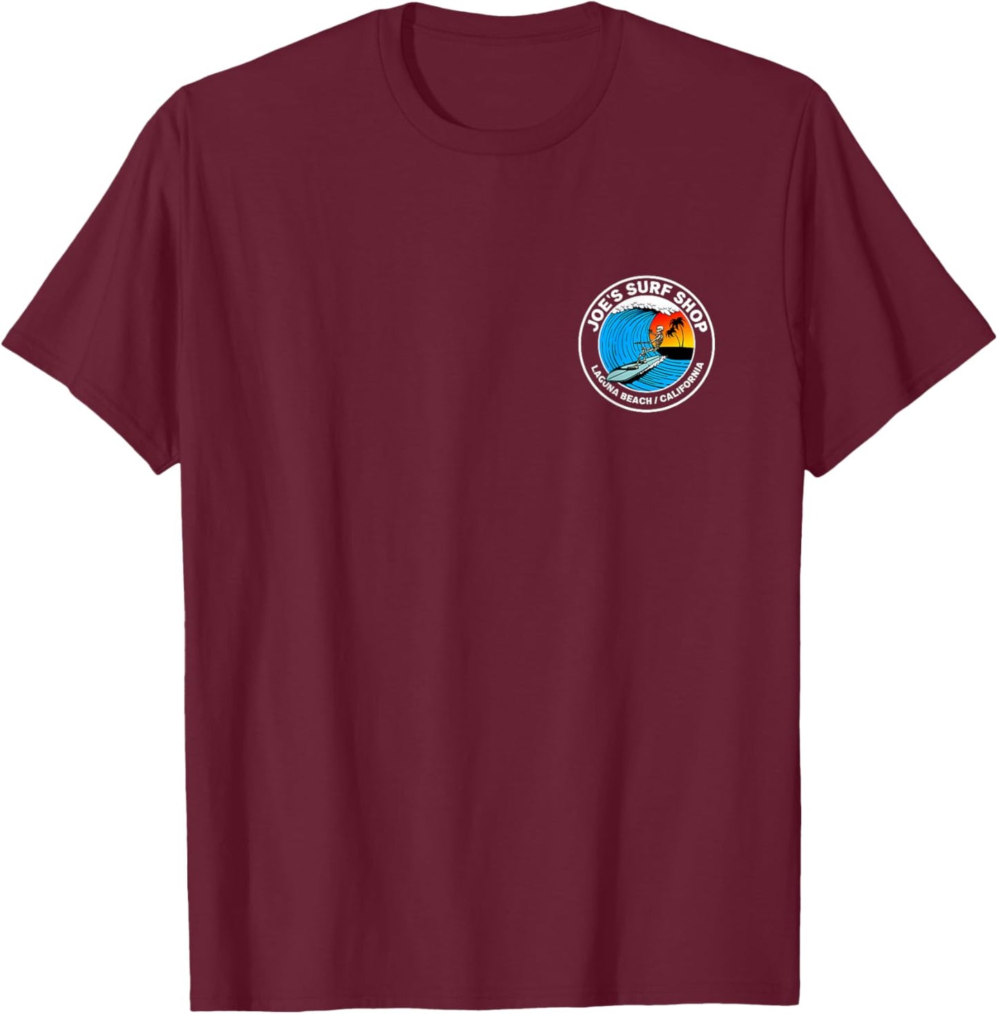 Joe's Surf Skeleton Surfing Logo Graphic T-Shirt - T-Shirt | Maroon