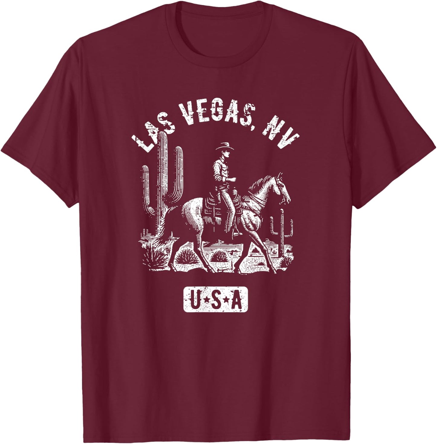 Las Vegas Nevada USA Cowboy Horse Distressed Style Design T-Shirt - T-Shirt | Maroon